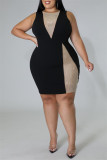 Black Fashion Sexy Plus Size Patchwork Hot Drill O Neck Sleeveless Dress