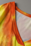 Macacão vermelho moda casual estampa tie dye patchwork decote em V plus size