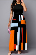 Оранжевое модное повседневное платье в стиле пэчворк с круглым вырезом без рукавов