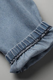 Babyblaue, modische, lässige, solide Patchwork-Denim-Jeans mit hoher Taille und normaler Passform