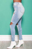 Jeans de mezclilla ajustados de cintura alta rasgados sólidos informales de moda azul bebé