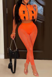 Orange Fashion Sexy Patchwork Solid See-through Zipper Collar Sleeveless Two Pieces