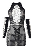 Black Sexy Solid Hollowed Out See-through O Neck One Step Skirt Dresses