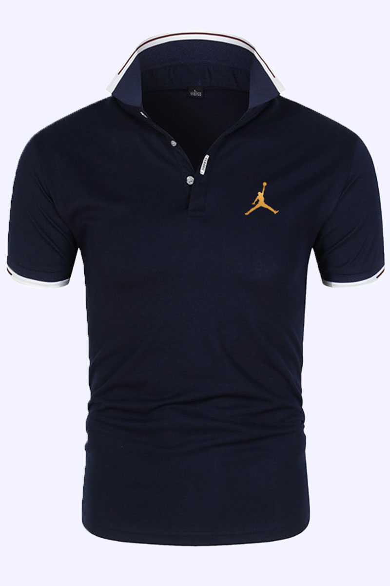 

Navy Blue Fashion Casual Print Split Joint POLO collar Tops