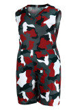Combinaisons décontracté imprimé camouflage imprimé patchwork col en V grande taille rouge