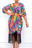 Vestidos de falda de lápiz con cuello en V y retazos de borlas con estampado informal de moda multicolor
