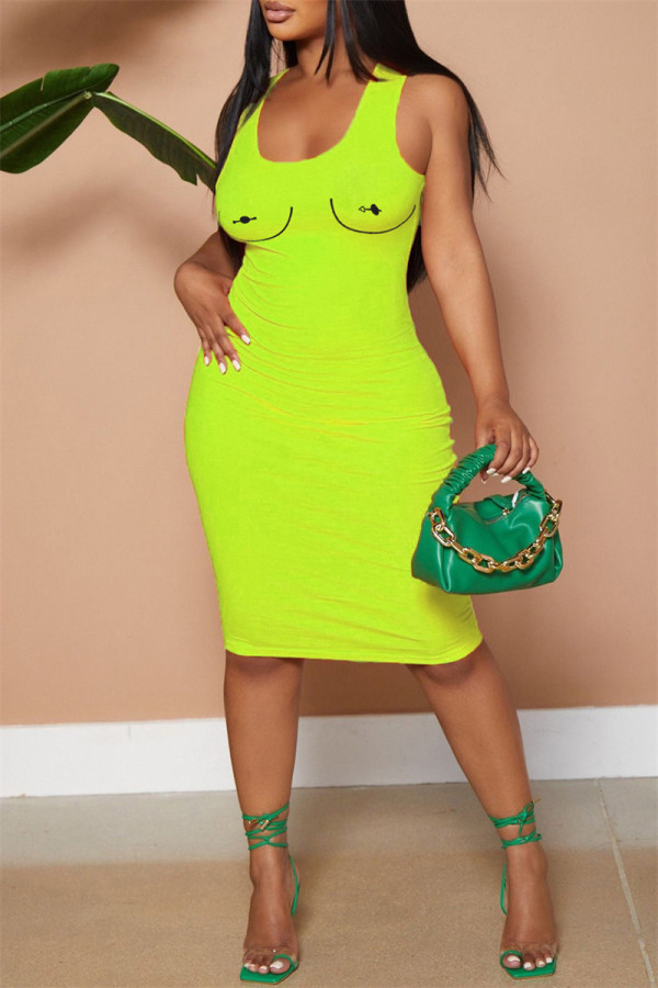 蛍光グリーンファッションカジュアルプリントベーシックUネックベストドレス