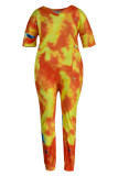 Oranje Mode Casual Print Tie Dye Patchwork V-hals Grote maten jumpsuits
