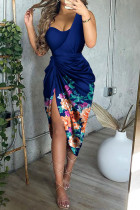 Azul elegante estampa lantejoulas patchwork dobra assimétrica colarinho irregular vestidos