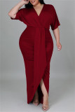 Burgund Fashion Casual Solid Patchwork V-Ausschnitt Kurzarm Kleid Plus Size Kleider