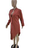 Tangerine Red Casual Solid Patchwork Buckle Asymmetrical Shirt Dress Dresses