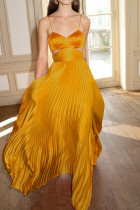 Yellow Celebrities Elegant Solid Patchwork Fold Spaghetti Strap Straight Dresses