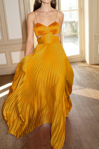 Yellow Celebrities Elegant Solid Split Joint Fold Spaghetti Strap Straight Dresses