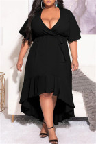 Vestidos de tamanho grande preto moda casual atadura sólida babados decote em v vestidos irregulares