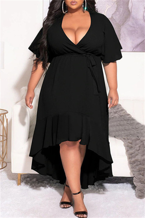 Vestidos de tamanho grande preto moda casual atadura sólida babados decote em v vestidos irregulares