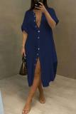 Blue Casual Solid Patchwork Buckle Asymmetrical Shirt Dress Dresses