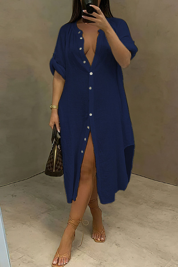 ブルー カジュアル ソリッド パッチワーク バックル 非対称 シャツ ドレス ドレス