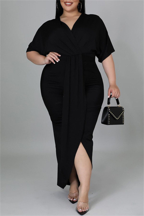 Vestido de manga corta con cuello en V de patchwork sólido casual de moda negro Vestidos de talla grande