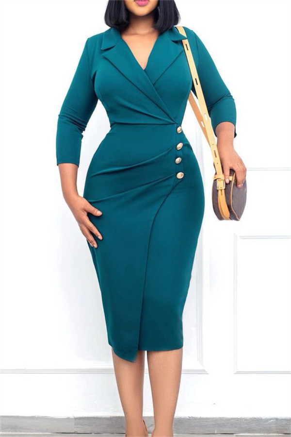 グリーン ファッション カジュアル ソリッド パッチワーク ターンダウン カラー ペンシル スカート ドレス