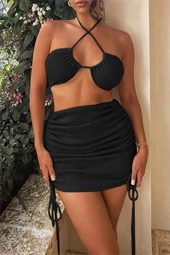 Black Fashion Sexy Solid Bandage Draw String Frenulum Backless Halter Sleeveless Two Pieces