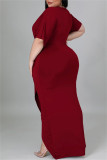 Red Bean Paste Fashion Casual Solid Patchwork V-Ausschnitt Kurzarm Kleid Plus Size Kleider