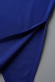Azul Moda Casual Letra Estampado Patchwork Asimétrico Cuello oblicuo Tallas grandes Dos piezas