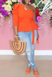 Orange Fashion Casual Solid Backless Schrägkragen Plus Size Tops