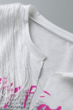 Camisetas de moda casual branca com estampa de borla patchwork decote em V