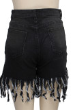Dark Blue Fashion Casual Embroidery Patchwork High Waist Regular Hot Pant Tassel Denim Shorts