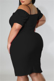 Vestido de manga corta con hombros descubiertos y parches lisos informal de moda negro Vestidos de talla grande