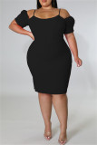 レッドファッションカジュアルソリッドパッチワークオフショルダー半袖ドレスプラスサイズのドレス