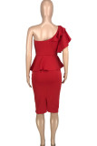 Rose Red Fashion Sexy Solid Patchwork Backless One Shoulder Short Sleeve Two Pieces