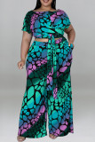 Geel Casual Print Bandage Patchwork O-hals Plus Size Two Pieces