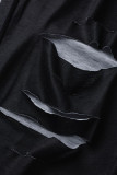 Negro Moda Casual Carta Labios Impreso Rasgado Cuello en V Más Tamaño Dos piezas