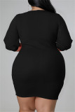 ブルーファッションカジュアルソリッドバンデージVネックAラインプラスサイズのドレス