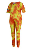 Red Fashion Casual Print Tie Dye Patchwork V Neck Plus Size Jumpsuits