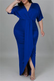 Vestido azul fashion casual patchwork sólido decote em v manga curta vestidos plus size