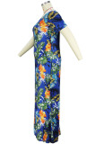 Синее модное повседневное длинное платье больших размеров с принтом на спине и открытыми плечами