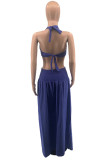 Dark Blue Fashion Sexy Solid Bandage Backless Slit Halter Sleeveless Two Pieces