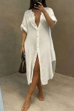 White Casual Solid Patchwork Buckle Asymmetrical Shirt Dress Dresses