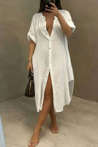 ホワイト カジュアル ソリッド パッチワーク バックル 非対称 シャツ ドレス ドレス