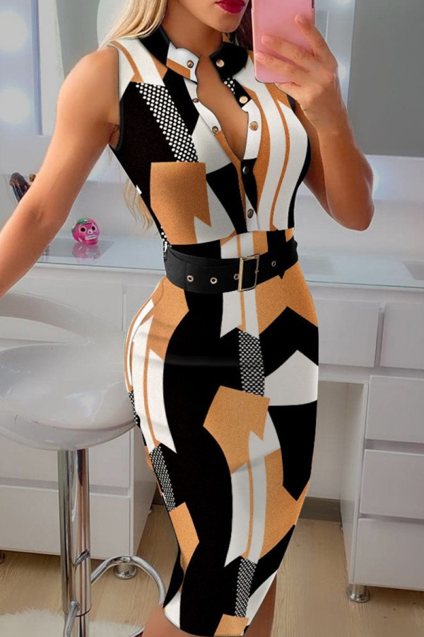 Svart Mode Casual Print Solid Patchwork med bälte V-ringad ärmlös klänning