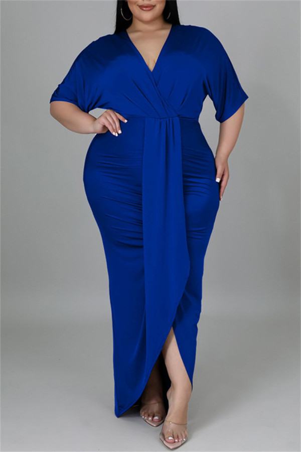 ブルー ファッション カジュアル ソリッド パッチワーク V ネック ショート スリーブ ドレス プラス サイズ ドレス