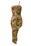 Зеленое модное сексуальное длинное платье с открытой спиной и разрезом на одно плечо