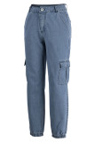 Dark Blue Fashion Casual Solid Patchwork High Waist Regular Cargo Denim Jeans