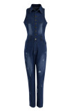 The cowboy blue Fashion Casual Solid Ripped Patchwork Turndown Collar Skinny Jumpsuits