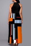 オレンジ ファッション カジュアル プリント パッチワーク O ネック ノースリーブ ドレス