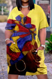 Kaki mode casual print patchwork jurk met V-hals en korte mouwen