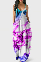 Robe longue mode sexy imprimé dos nu bretelles spaghetti blanc violet