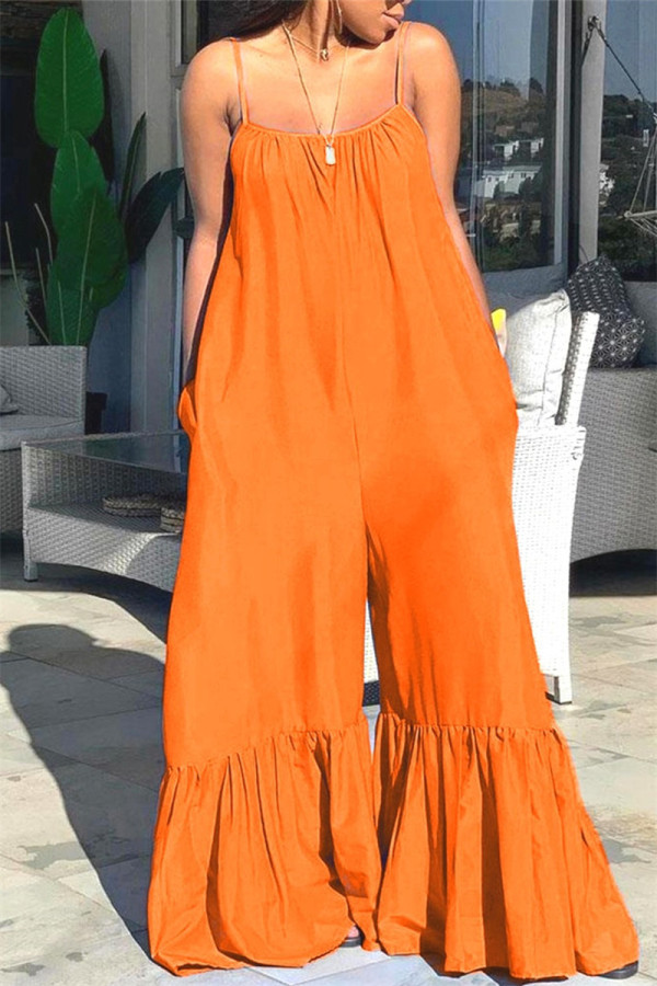 Orange Mode Casual Solid Patchwork Backless Spaghetti Strap Plus Size Jumpsuits